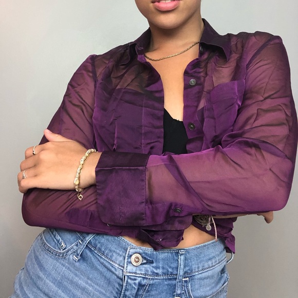 sheer purple button up - Picture 3 of 4